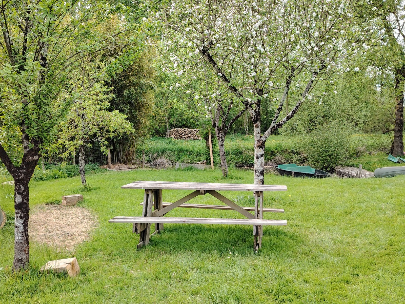 Jardin des gîtes à Arçais avec table de pique-nique sous les arbres